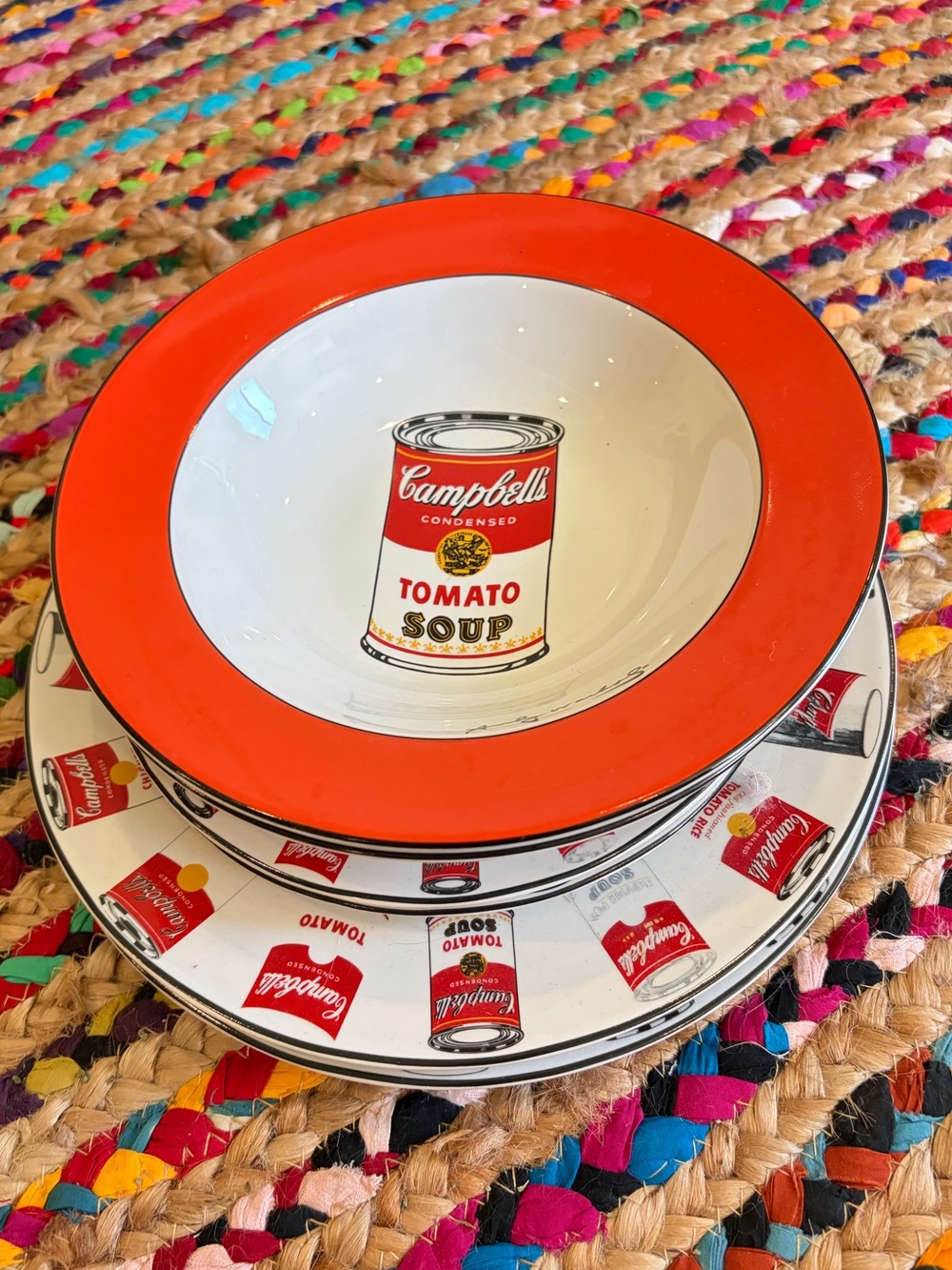 RARE Andy Warhol block china Campbell’s soup can 2 plates 2 salad 2 bowls set